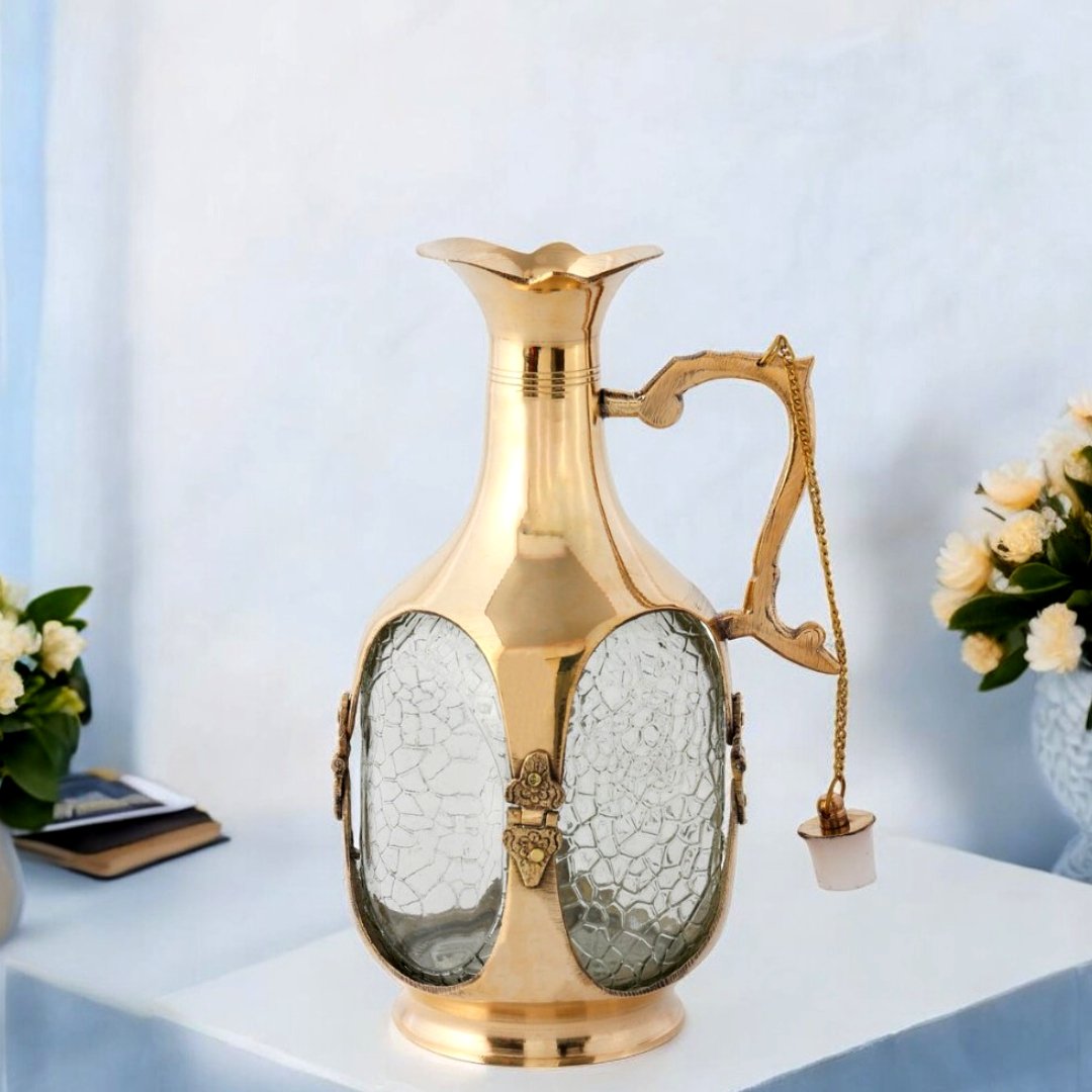 Brass Water / Old Monk Glass Jug Pitcher - Brass Globe - 