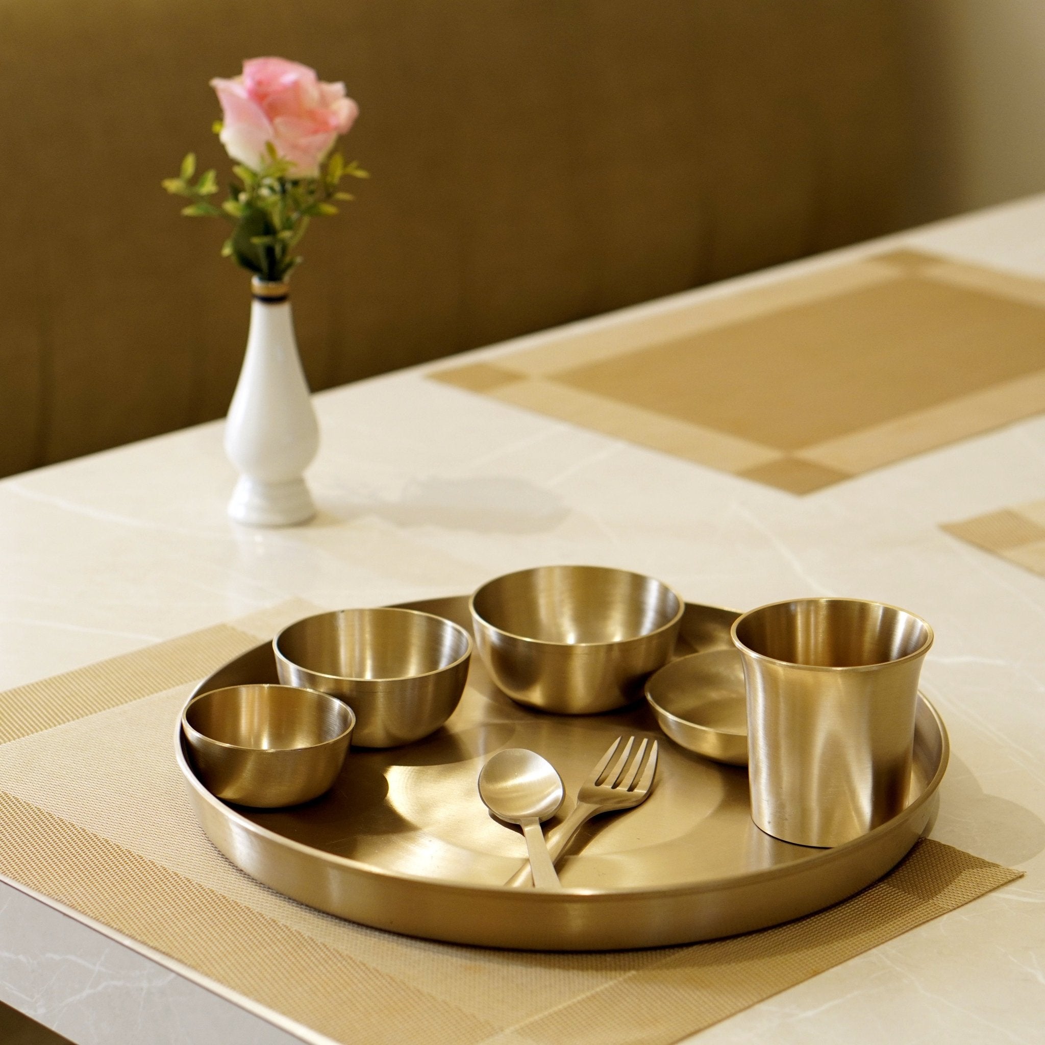 Bronze / Kansa Dinner Set With Matt Finished | Thali, Bowl, Spoon & Glass - Brass Globe - 