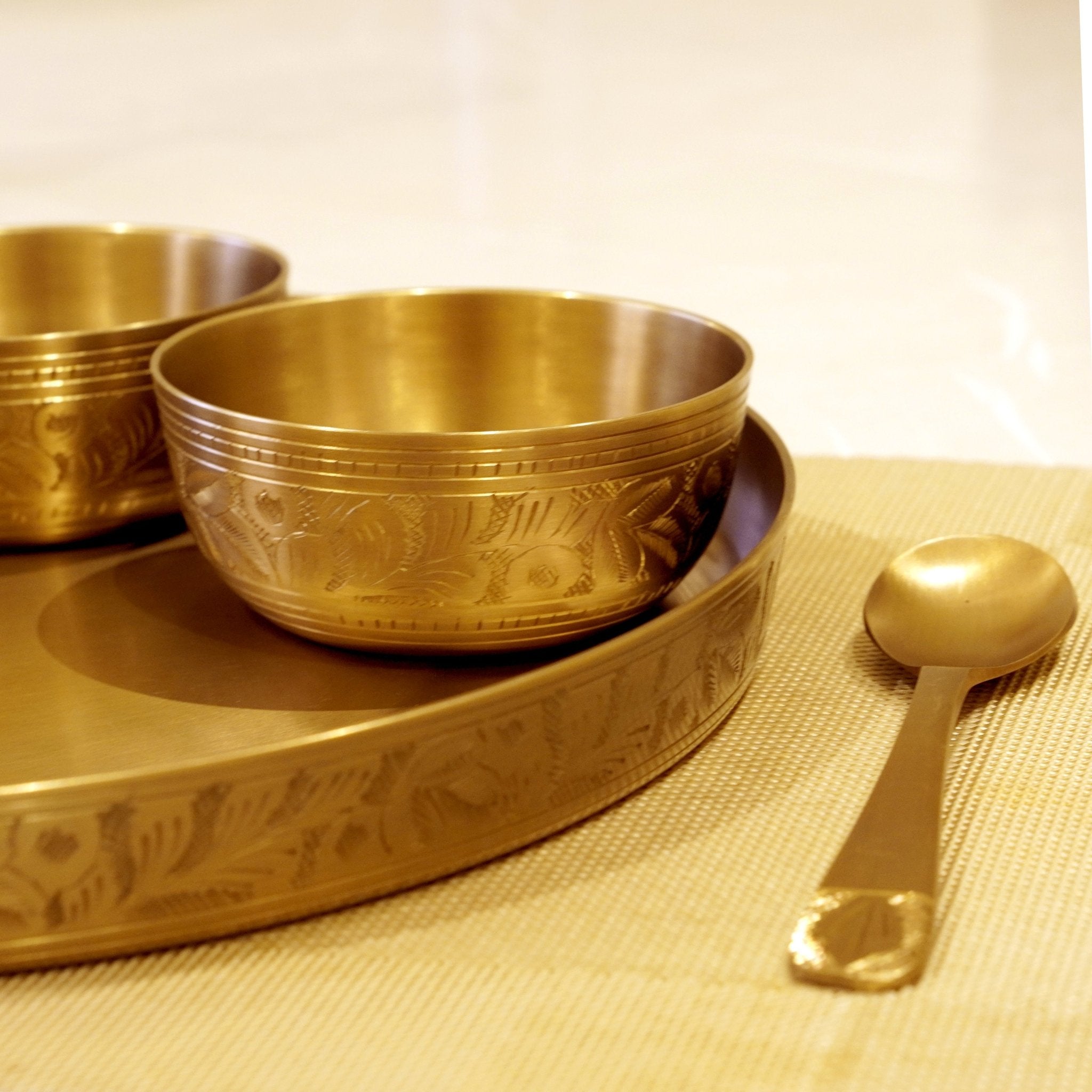 Bronze / Kansa Engraved Dinner Set Matte Finish with Velvet Box - Brass Globe - 