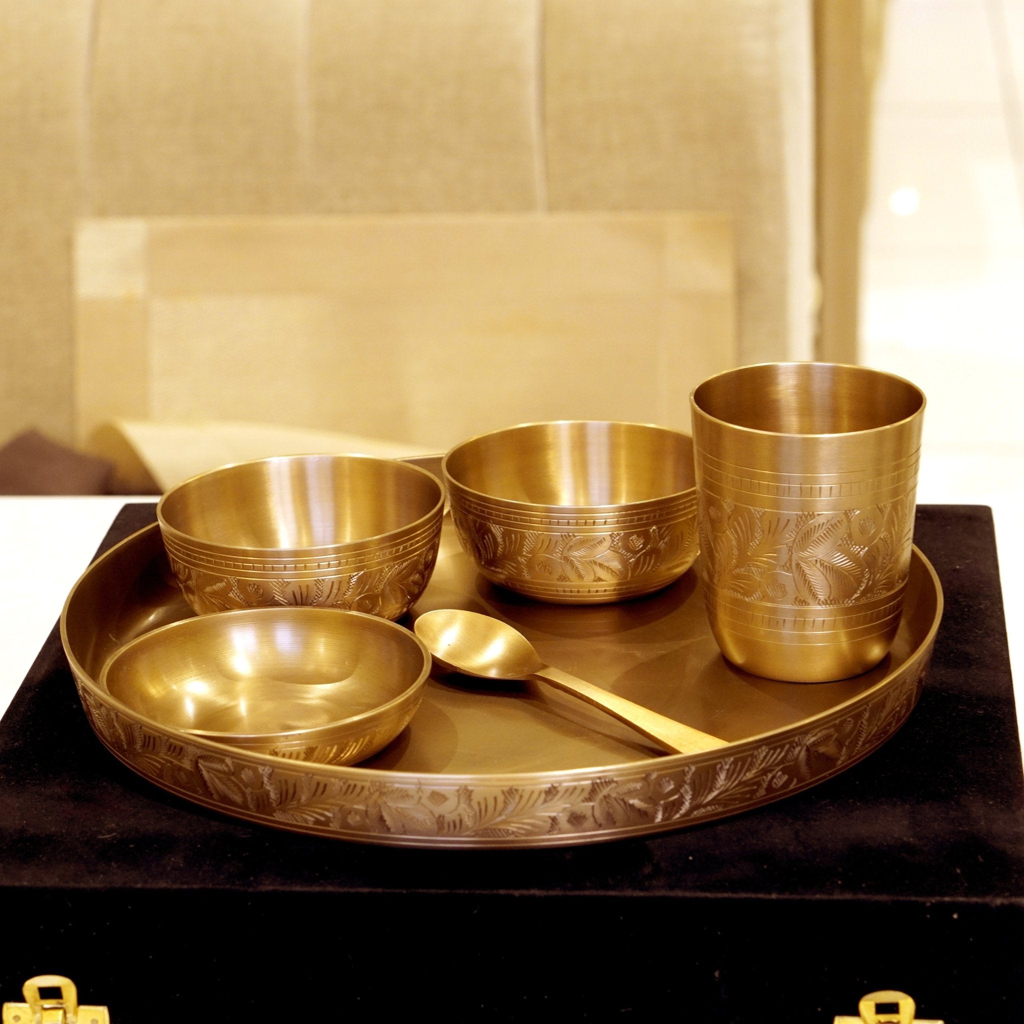 Bronze / Kansa Engraved Dinner Set Matte Finish with Velvet Box - Brass Globe - 