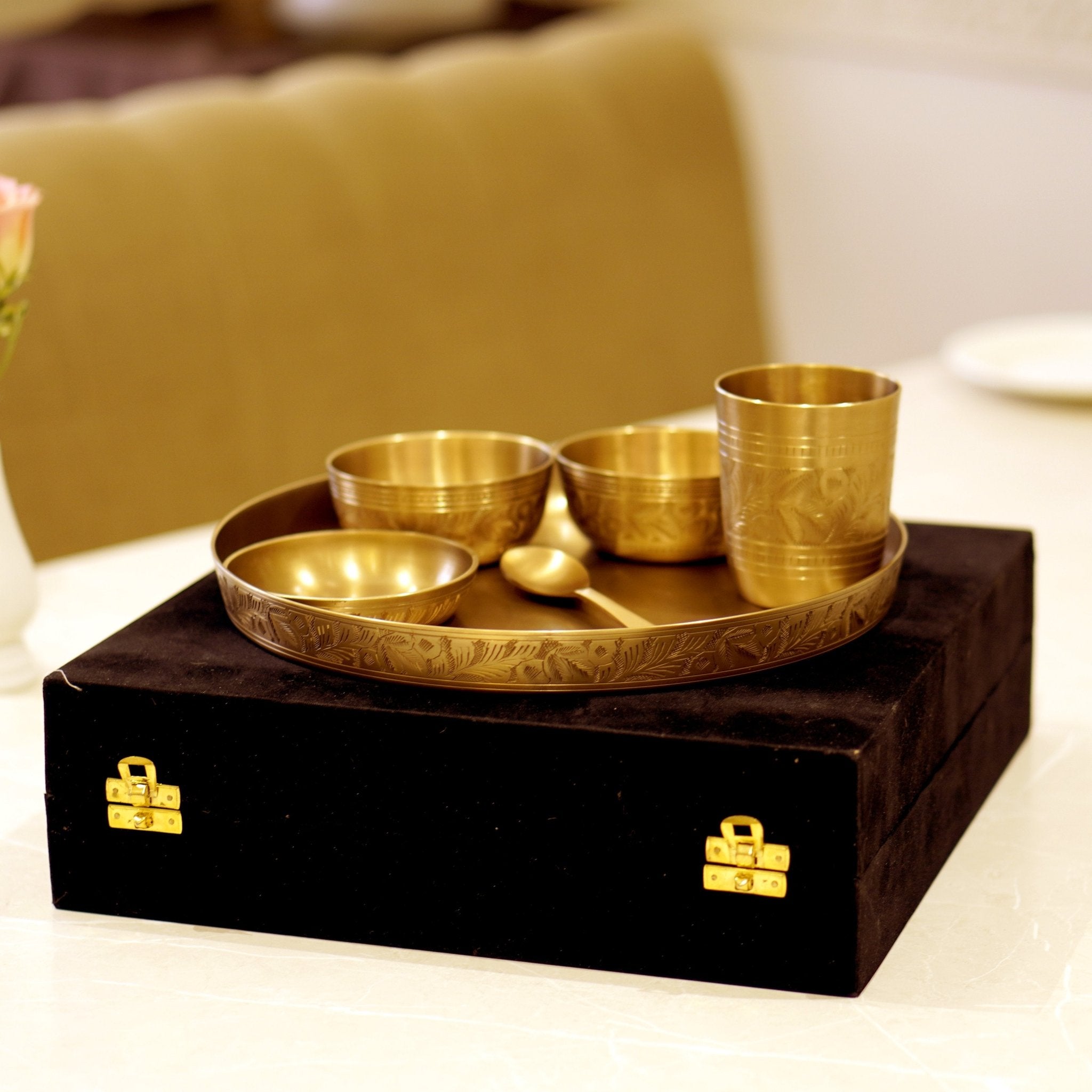 Bronze / Kansa Engraved Dinner Set Matte Finish with Velvet Box - Brass Globe - 