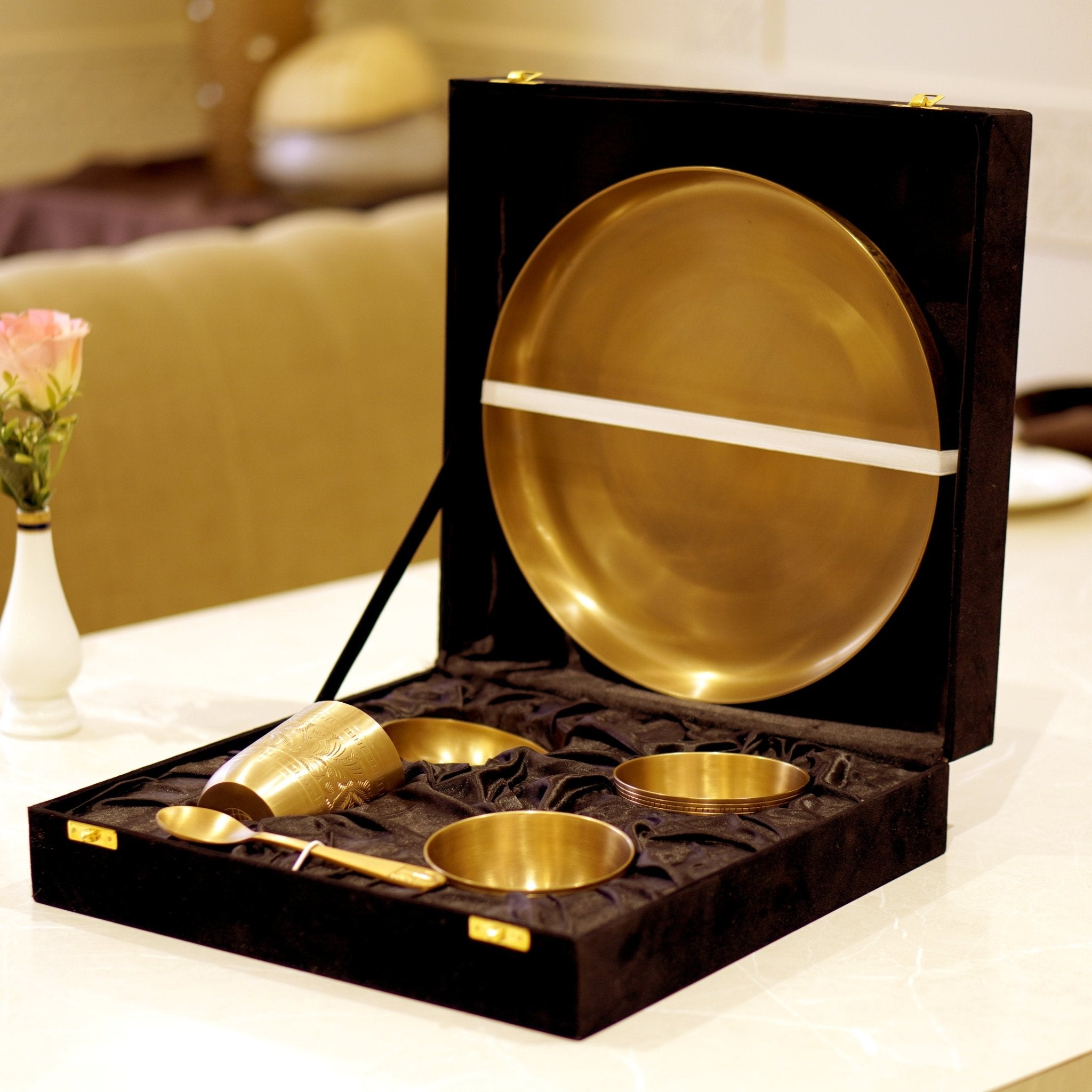 Bronze / Kansa Engraved Dinner Set Matte Finish with Velvet Box - Brass Globe - 