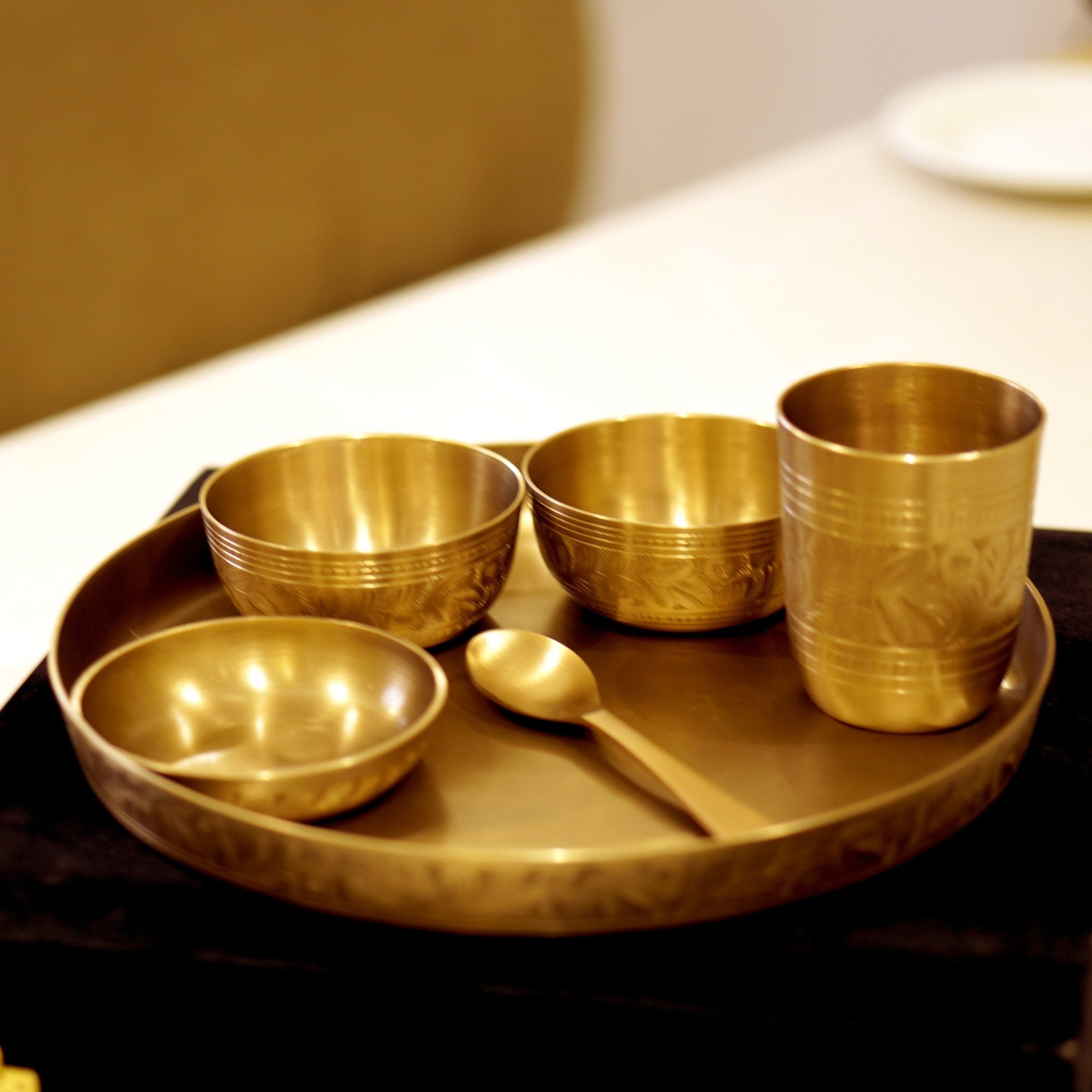 Bronze / Kansa Engraved Dinner Set Matte Finish with Velvet Box - Brass Globe - 