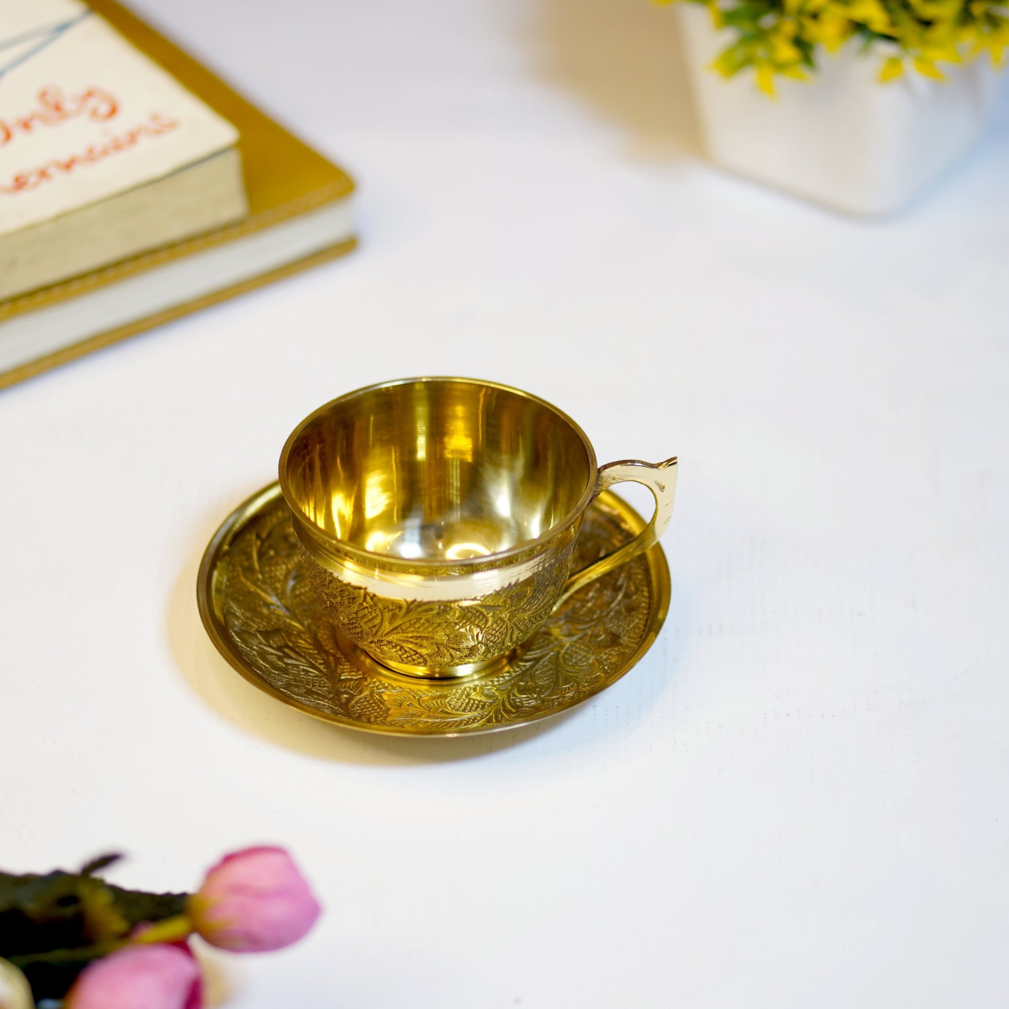 Golden Brass Cup and Saucer - Brass Globe - 