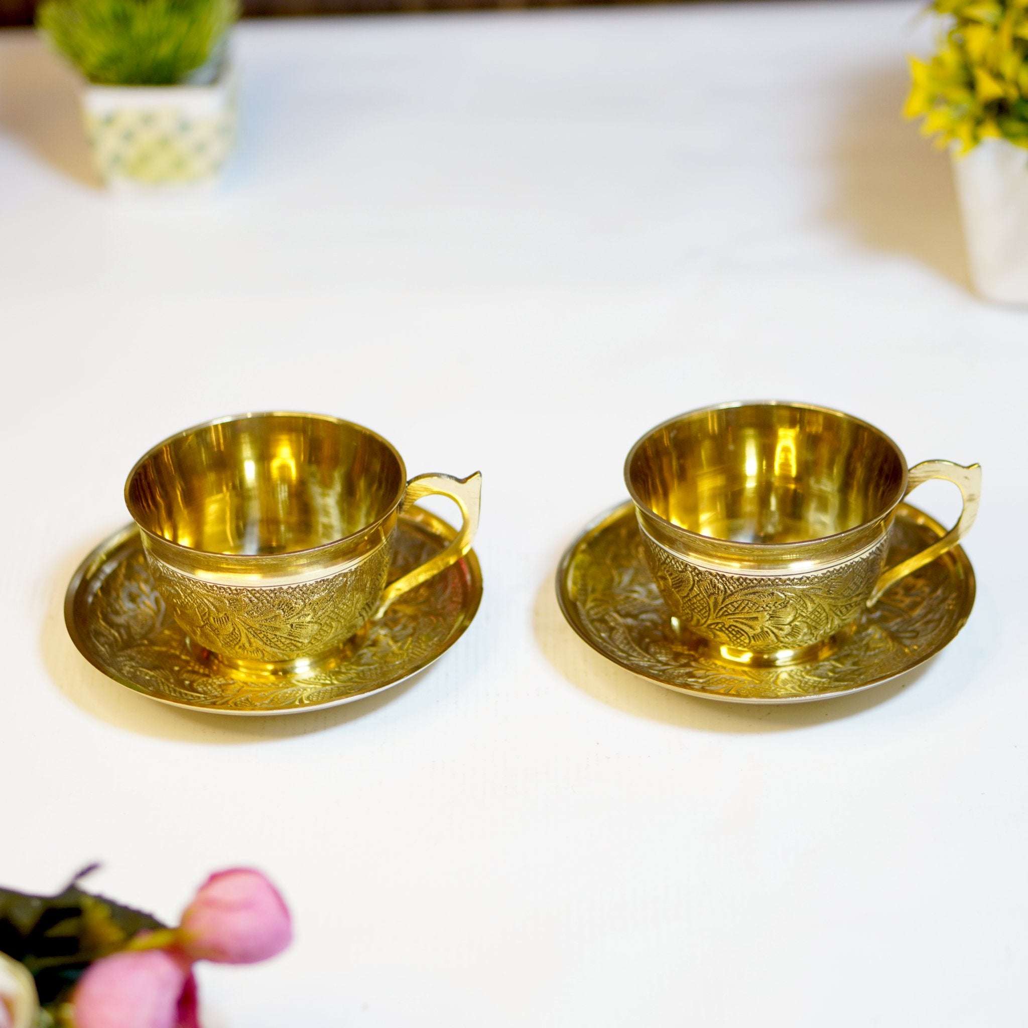 Golden Brass Cup and Saucer - Brass Globe - 