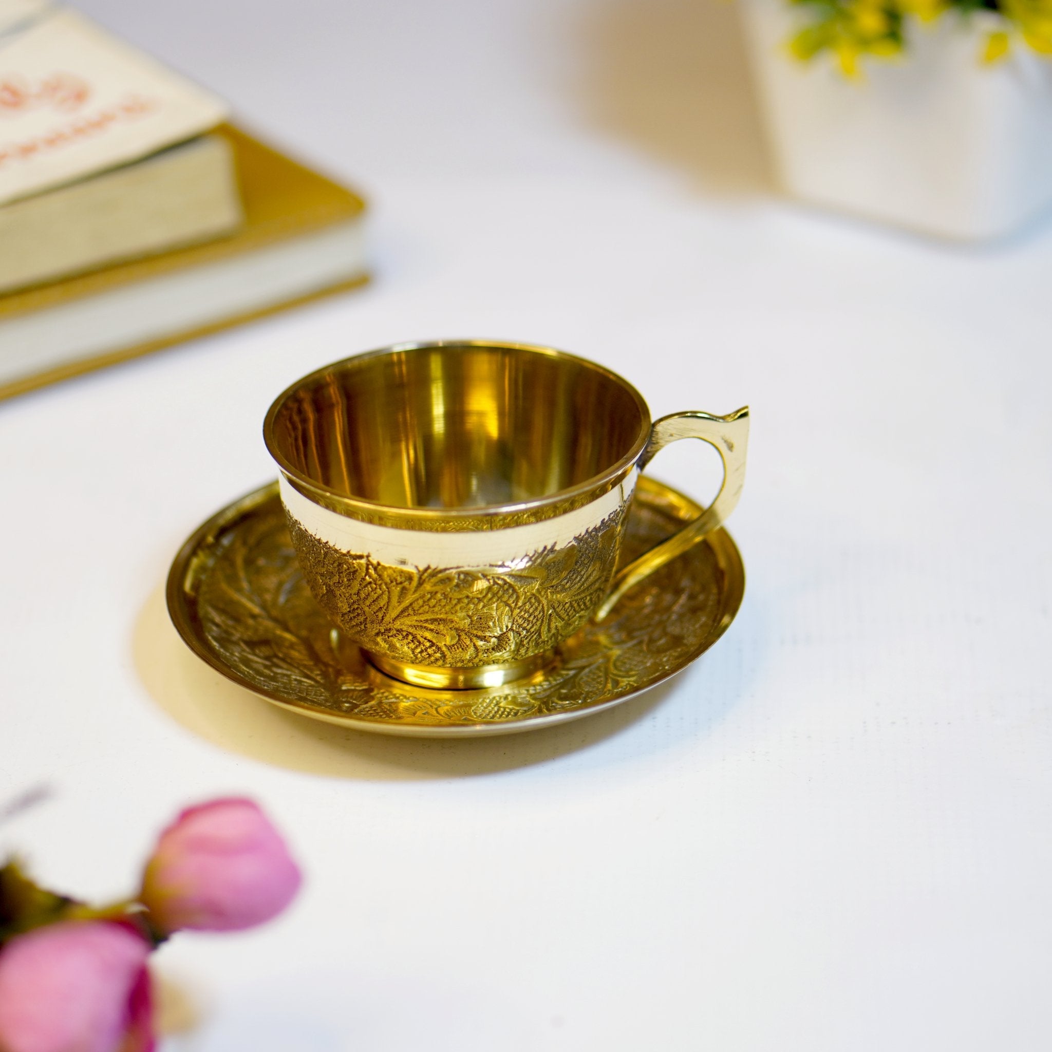 Golden Brass Cup and Saucer - Brass Globe - 