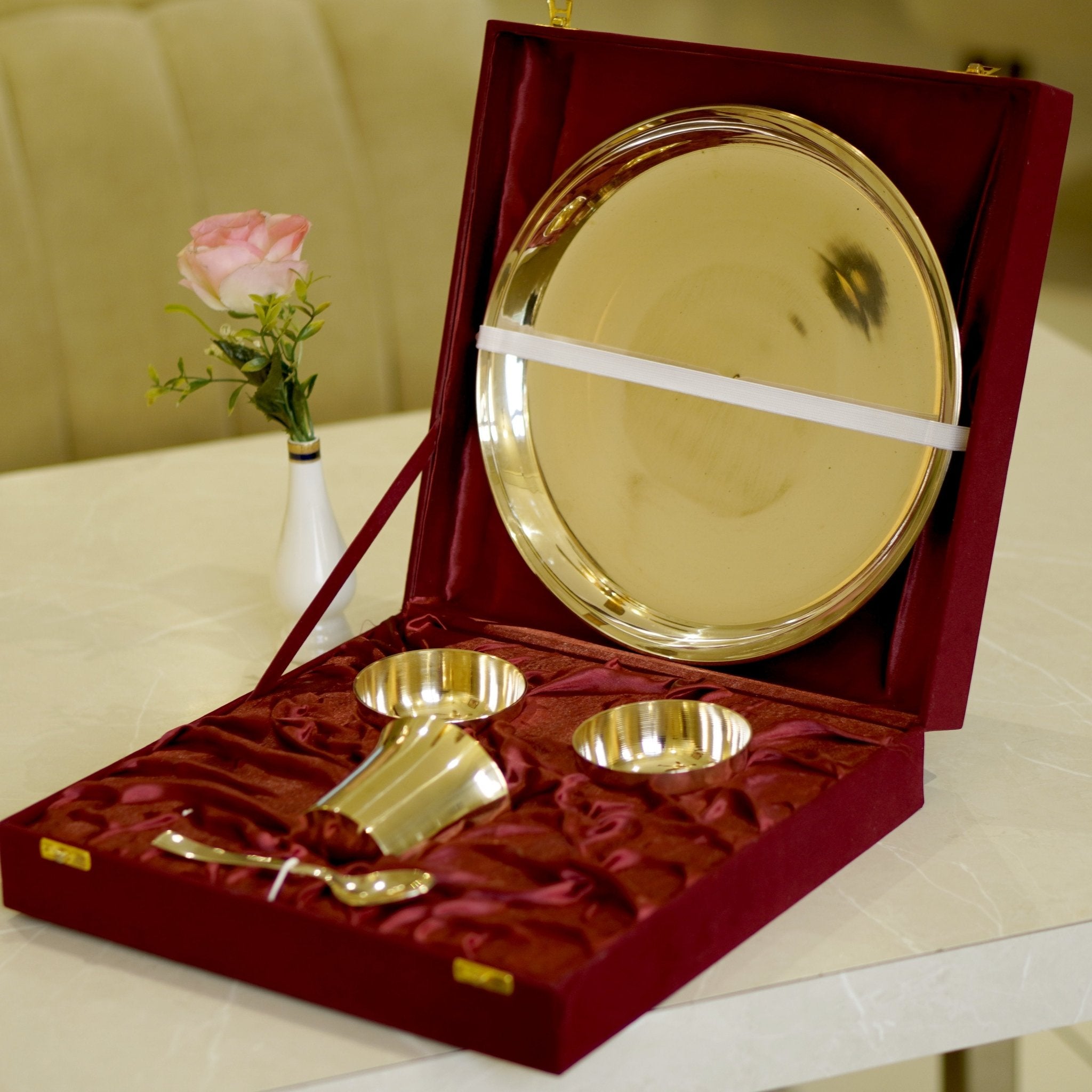 Kansa set with velvet box in matte and glossy finish - Brass Globe - 