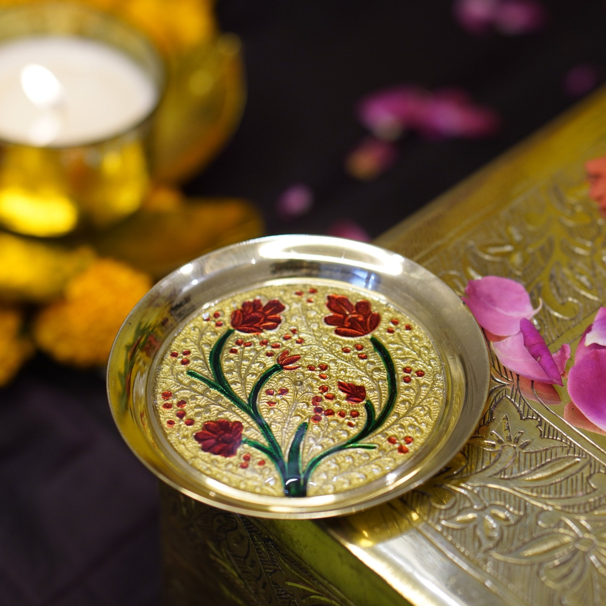 Meenakari Bhog Pooja Plate - Brass Globe - 