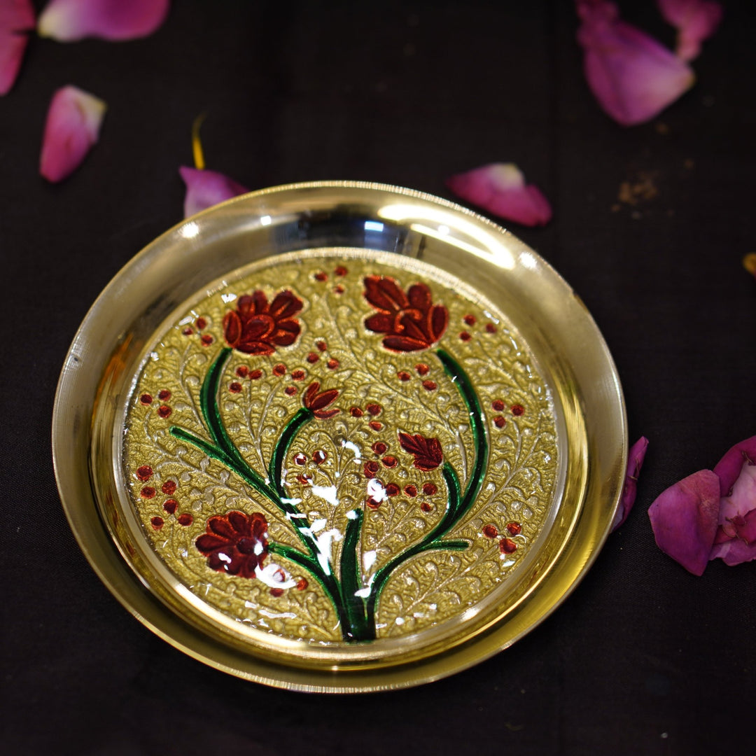 Meenakari Bhog Pooja Plate - Brass Globe - 