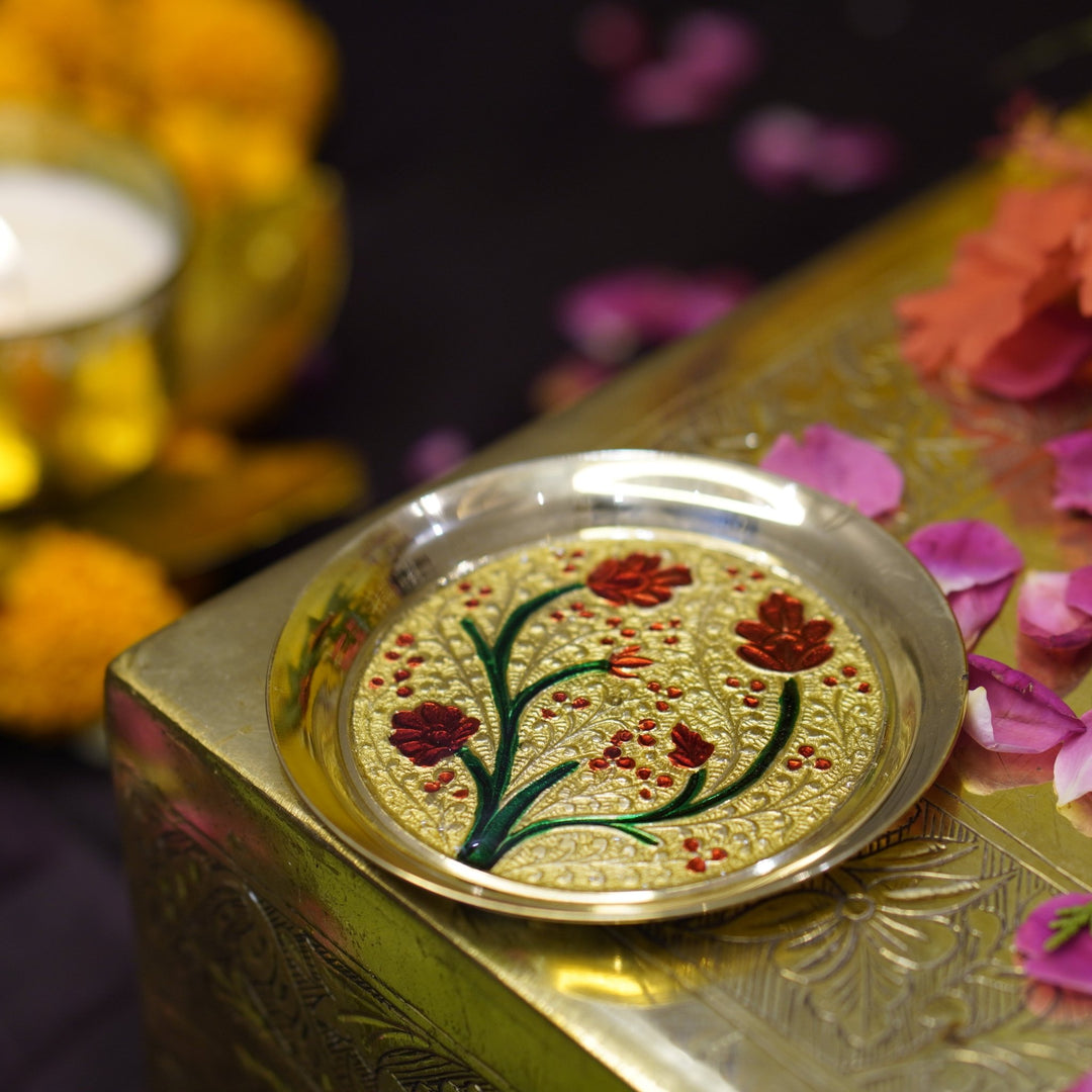 Meenakari Bhog Pooja Plate - Brass Globe - 