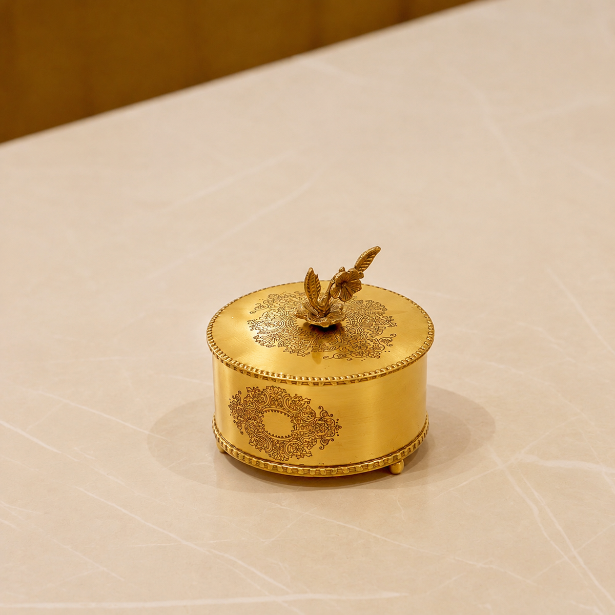 Brass Antique Storage Box with Flower Handle