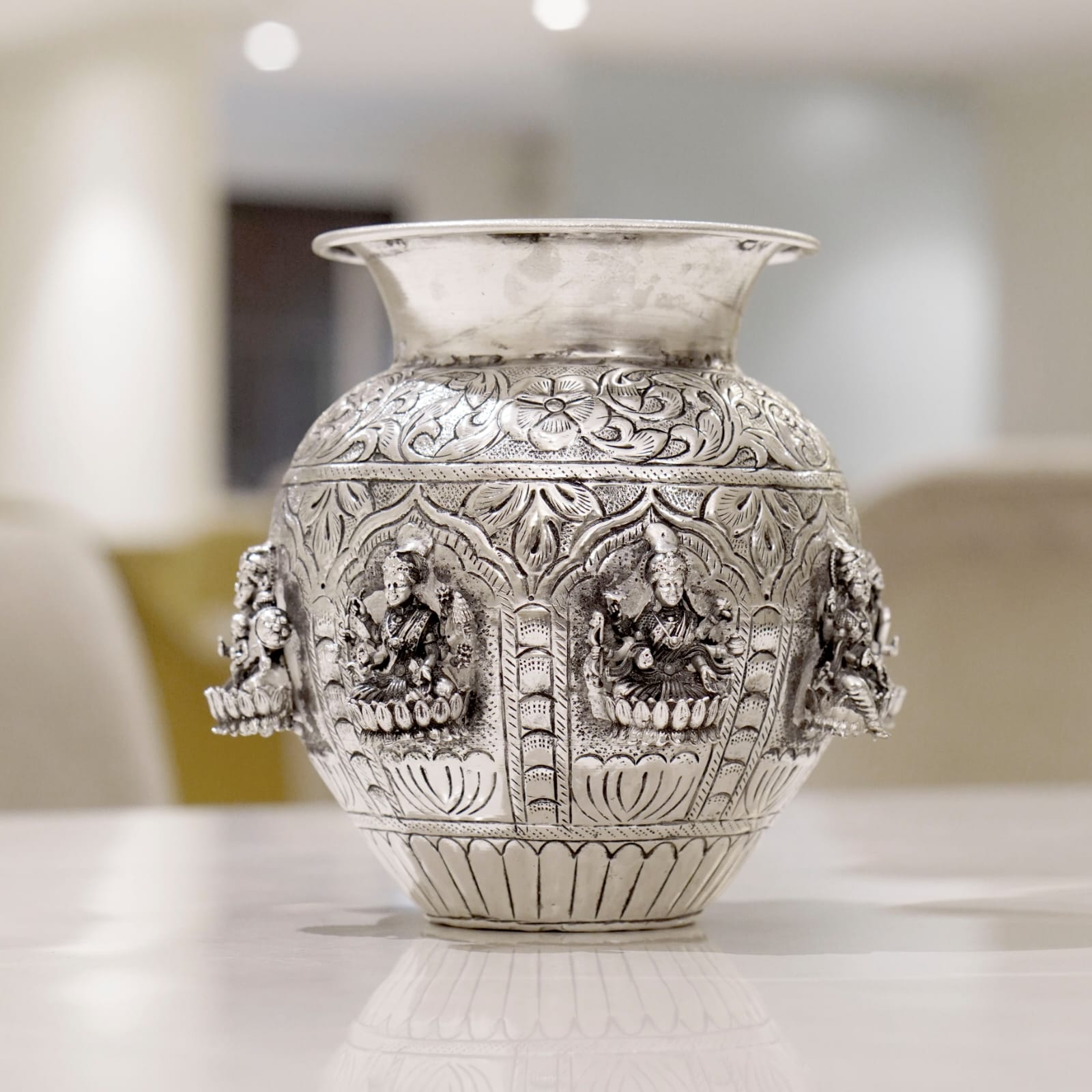 Brass Ashtalakshmi Kalash with Silver Finish