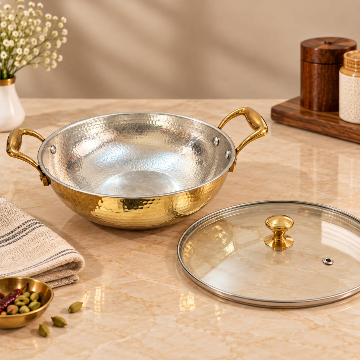 Brass Kadhai with Glass Lid (Tin Coated)
