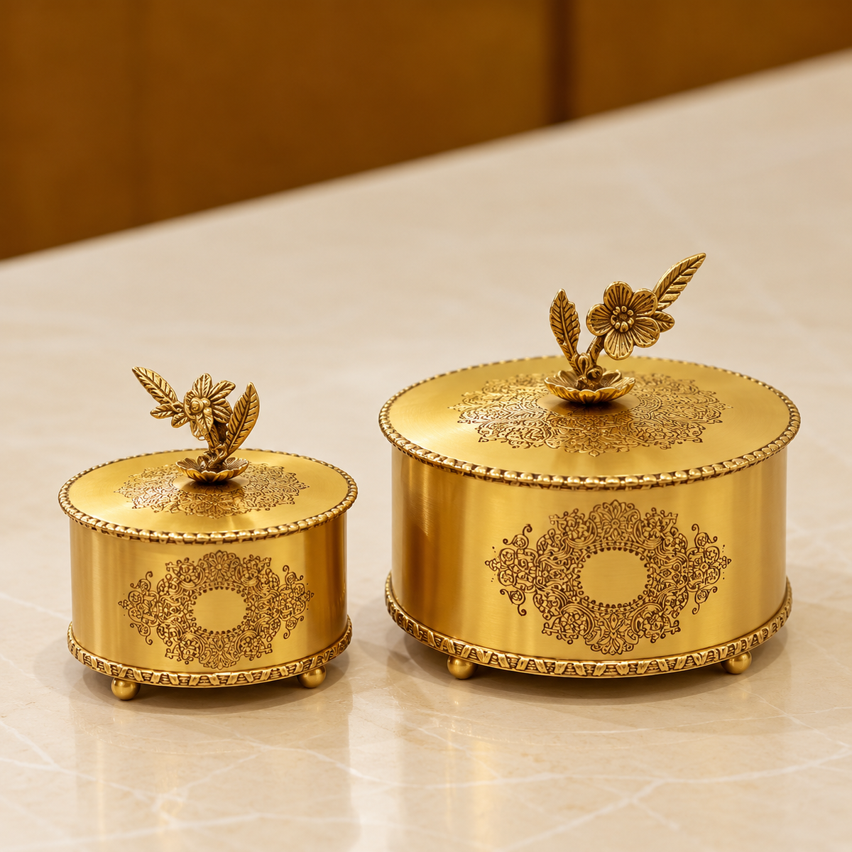 Brass Antique Storage Box with Flower Handle