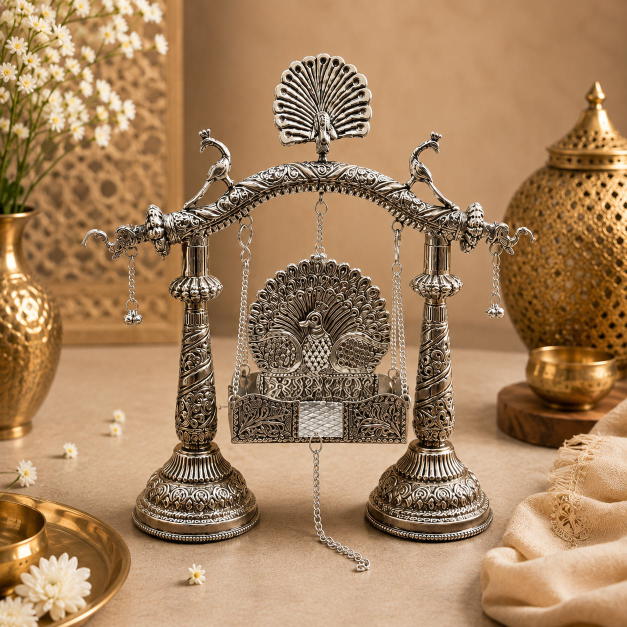Brass Peacock Jhula with Silver Finish