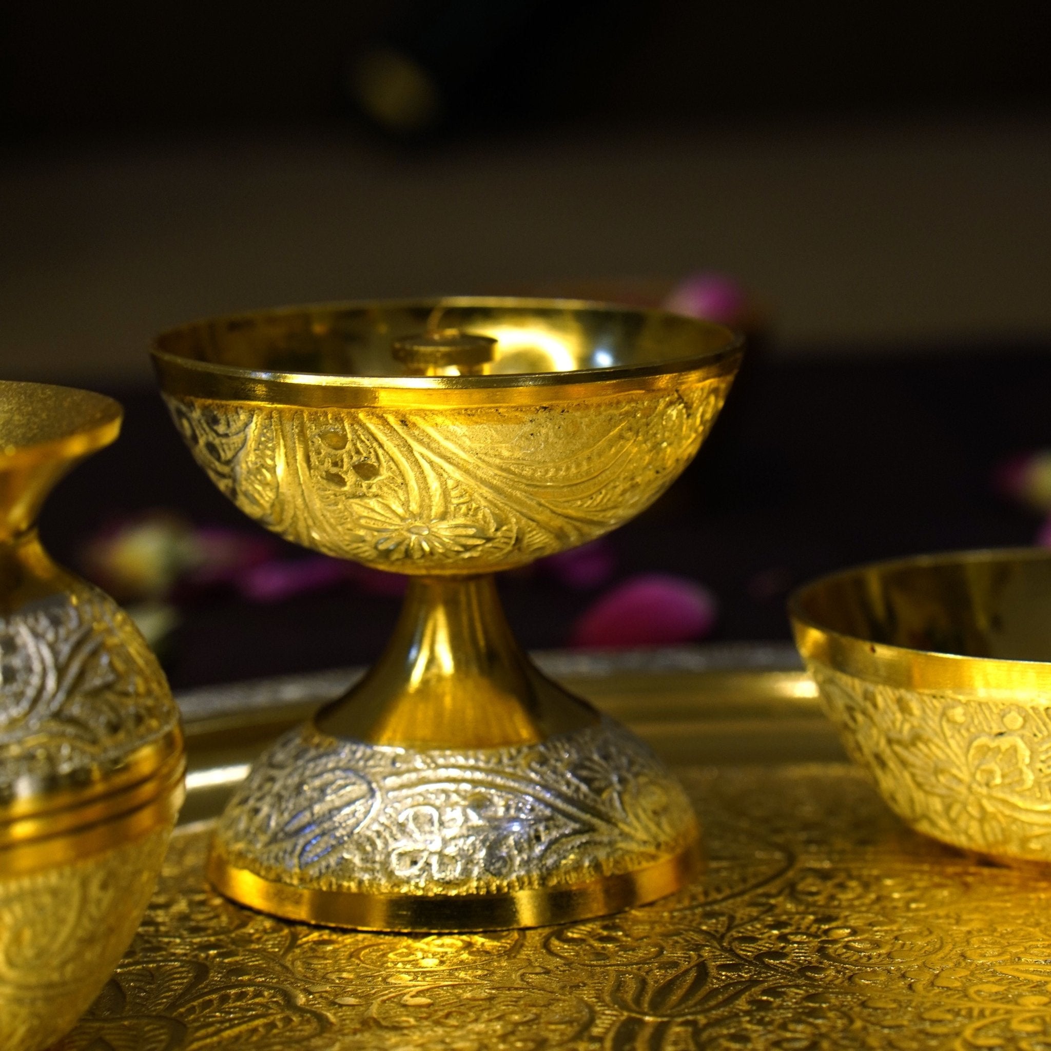 Two Tone Polish Brass Pooja Set &Velvet Box - Brass Globe - 