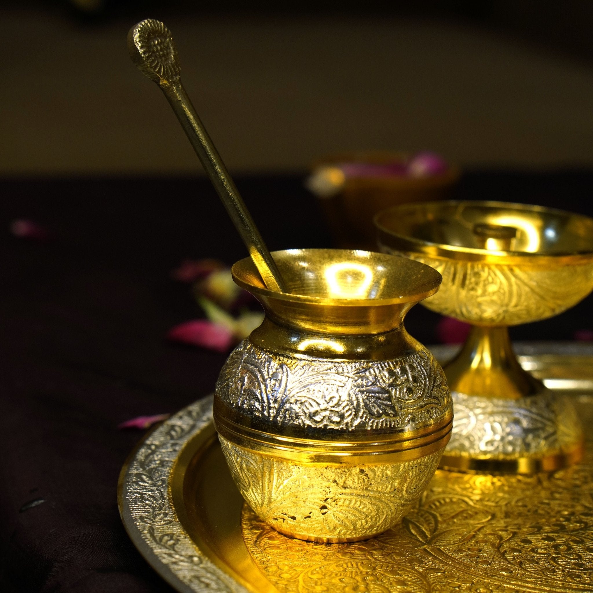 Two Tone Polish Brass Pooja Set &Velvet Box - Brass Globe - 