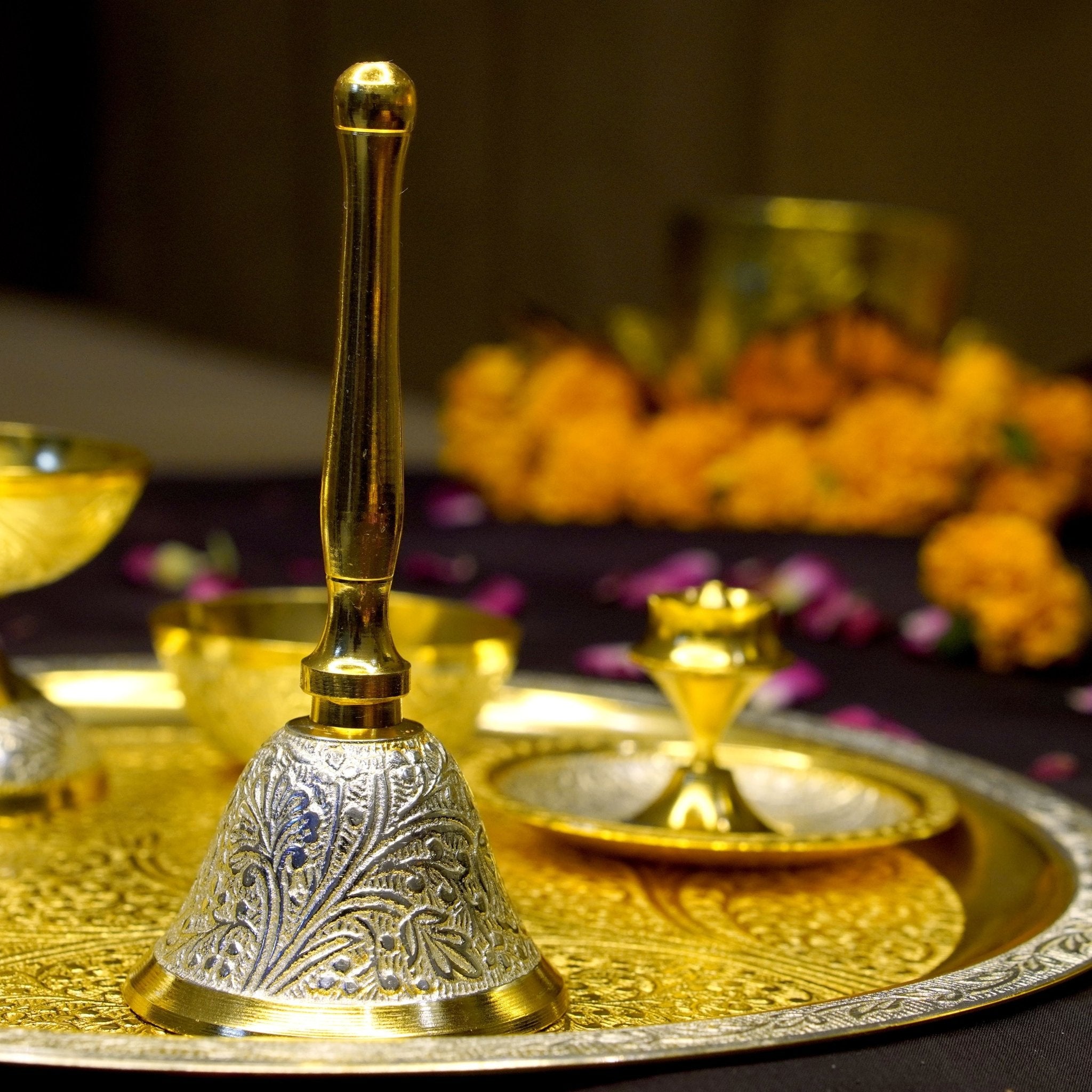 Two Tone Polish Brass Pooja Set &Velvet Box - Brass Globe - 