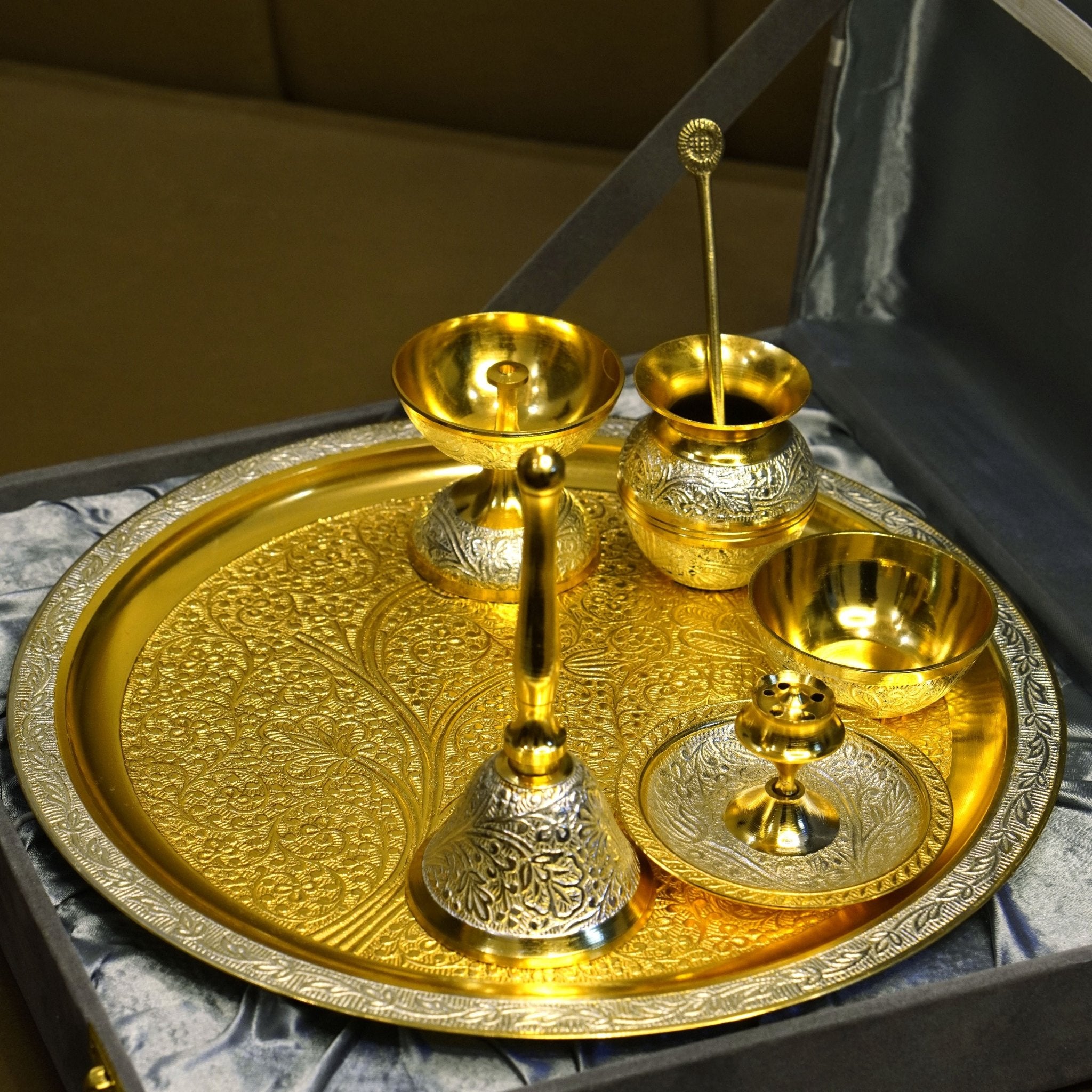 Two Tone Polish Brass Pooja Set &Velvet Box - Brass Globe - 