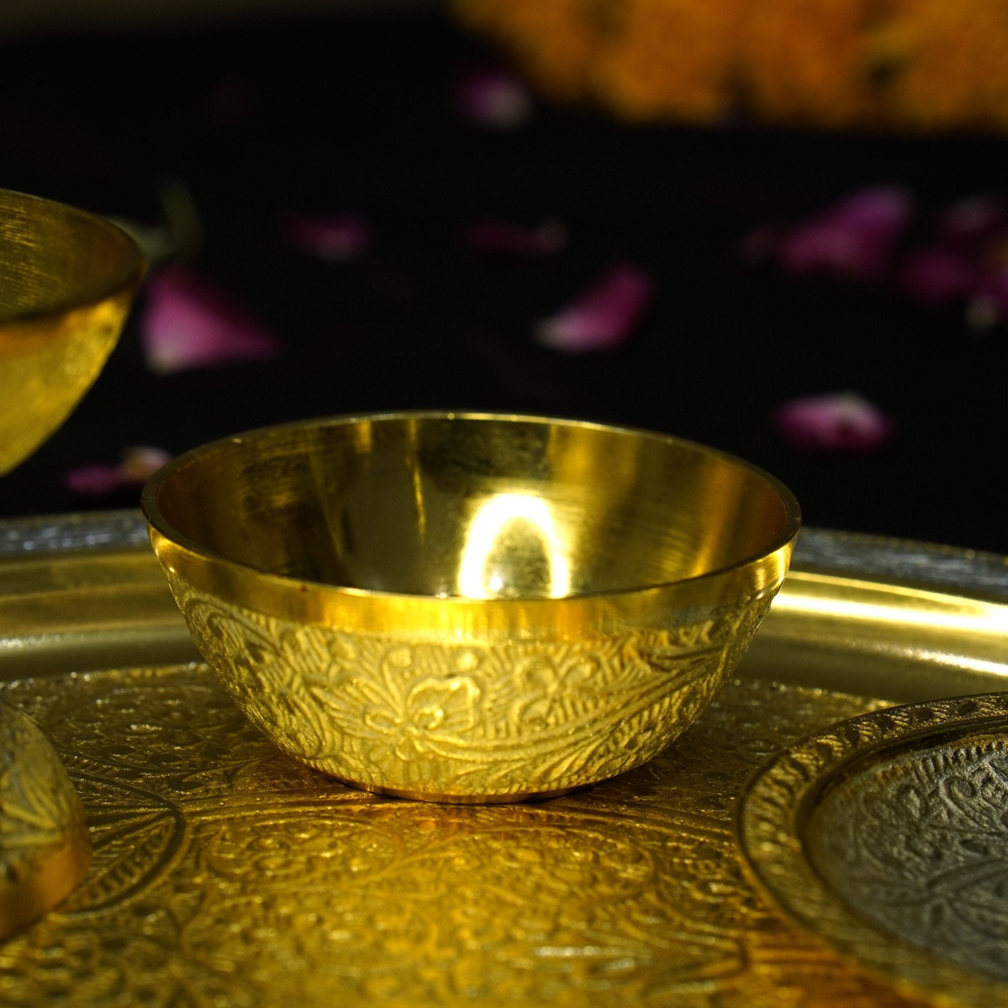 Two Tone Polish Brass Pooja Set &Velvet Box - Brass Globe - 