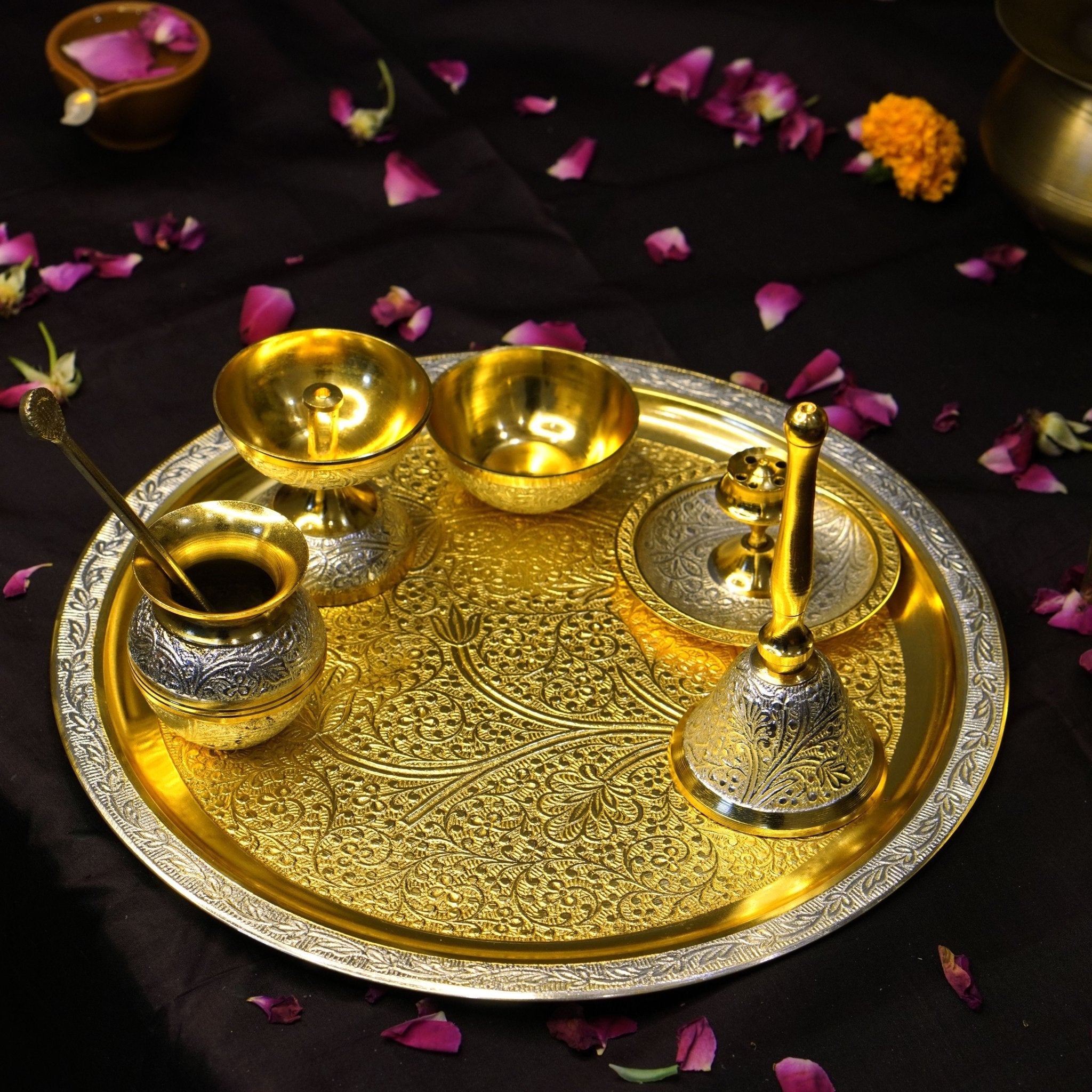 Two Tone Polish Brass Pooja Set &Velvet Box - Brass Globe - 