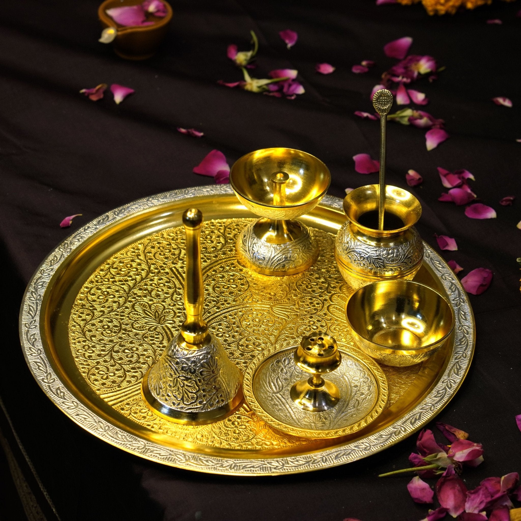 Two Tone Polish Brass Pooja Set &Velvet Box - Brass Globe - 