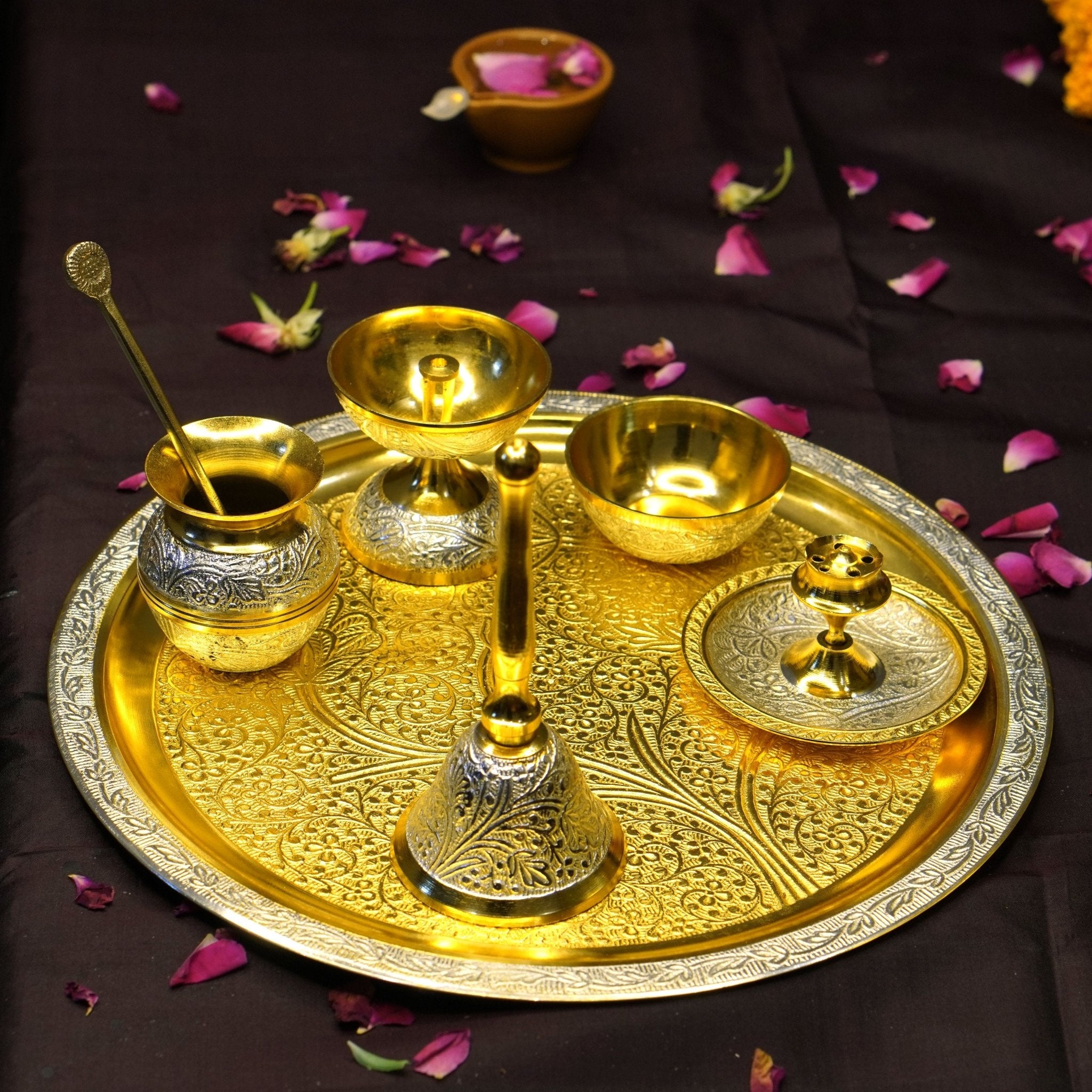 Two Tone Polish Brass Pooja Set &Velvet Box - Brass Globe - 