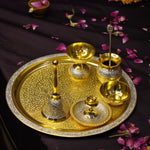 Load image into Gallery viewer, Two Tone Polish Brass Pooja Set with Velvet Box - Brass Globe - 
