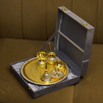 Load image into Gallery viewer, Two Tone Polish Brass Pooja Set with Velvet Box - Brass Globe - 
