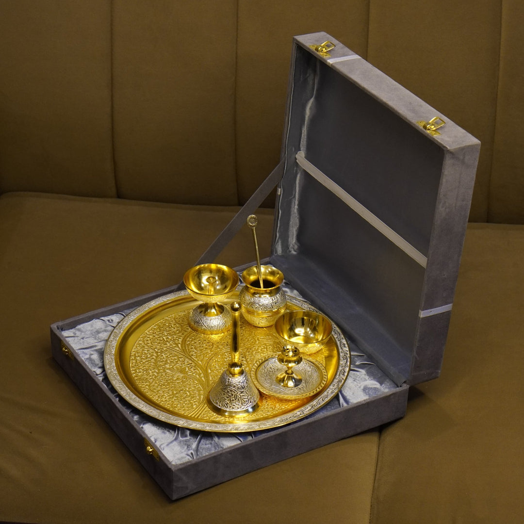 Two Tone Polish Brass Pooja Set with Velvet Box - Brass Globe - 