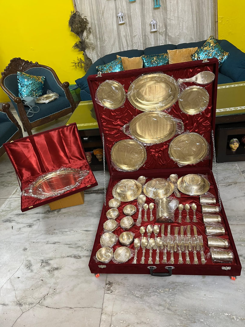 Pittal Brass / Pital Dinner Set Online | 70 Pieces with Velvet Box – Brass Globe