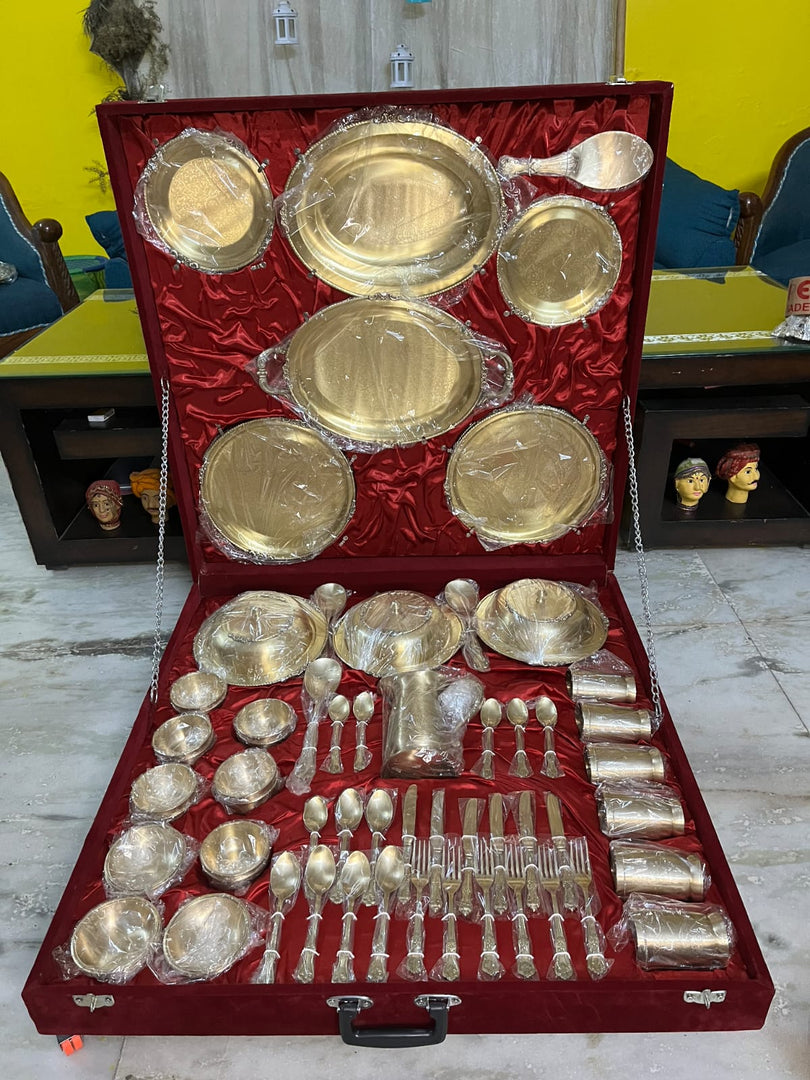 Pure Brass Thali Set, Dinner Set, Engraved Flowers Design - 7 Pieces  Pital