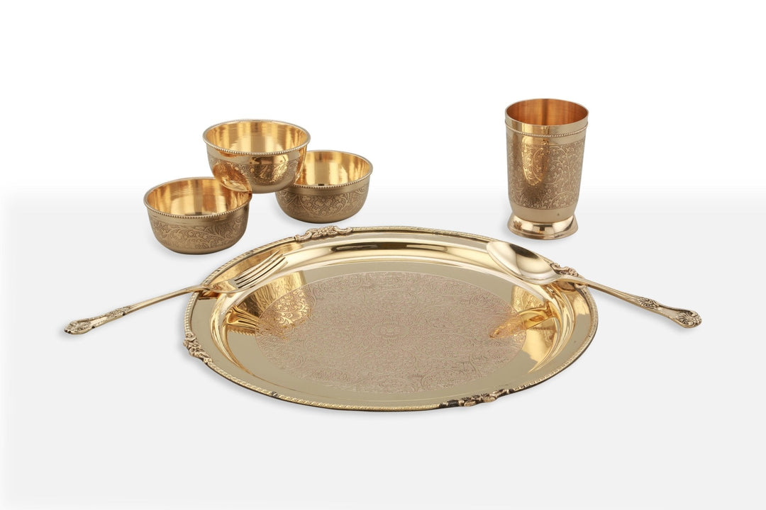 Pure Brass Thali Set Brass Dinnerware Set Dinner Set Engraved Flowers  Design 7 Pieces Set Dinner Set Best for Your Home and Gift 