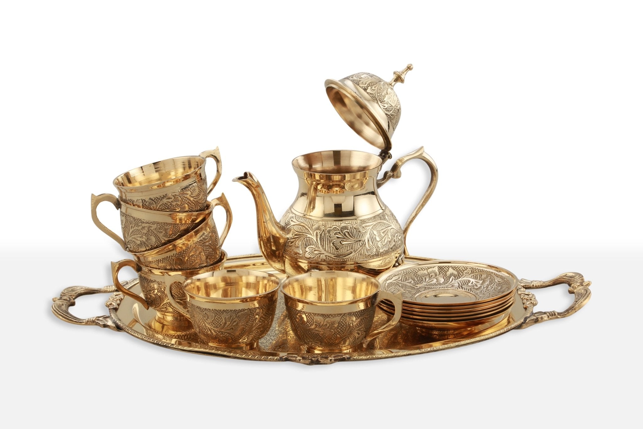 Brass Etched Tea Kettle Set Online  Best 14 Pcs Teapot Set – Brass Globe