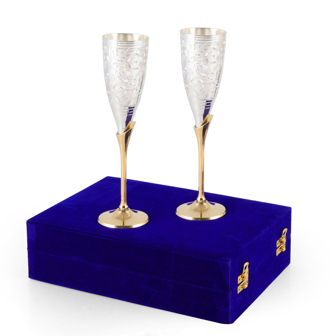 Brass Wine Glasses - 10 inch - Silver / Gold - Set of 2 Goblet in velvet  box.