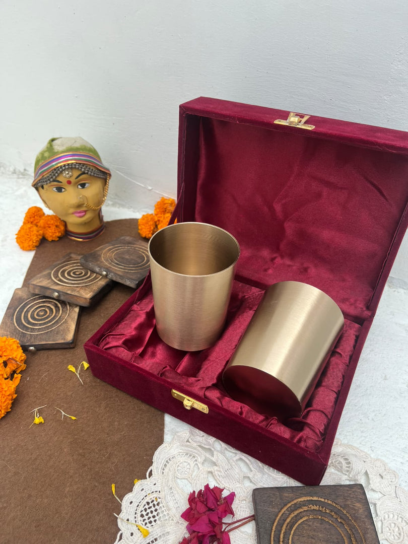 Bronze / kansa glasses with velvet box - Brass Globe -
