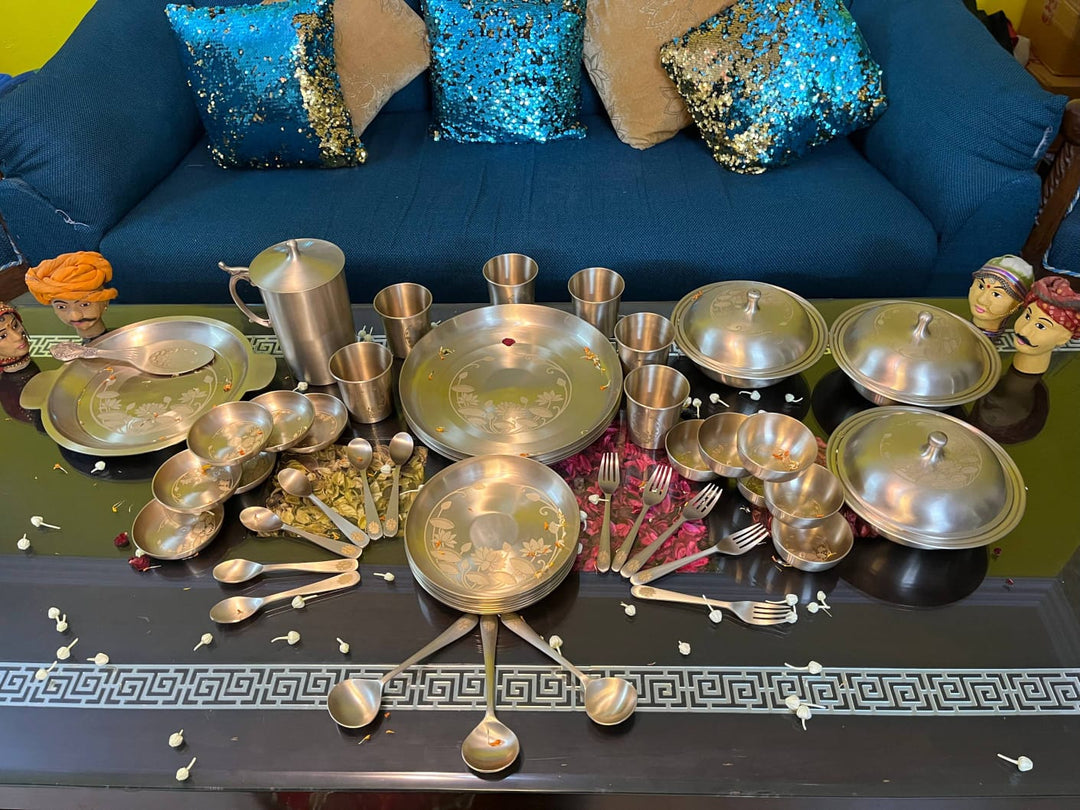 Brass 51 Pieces - Full Family Complete Dinner Set - (Engraved, Gold)