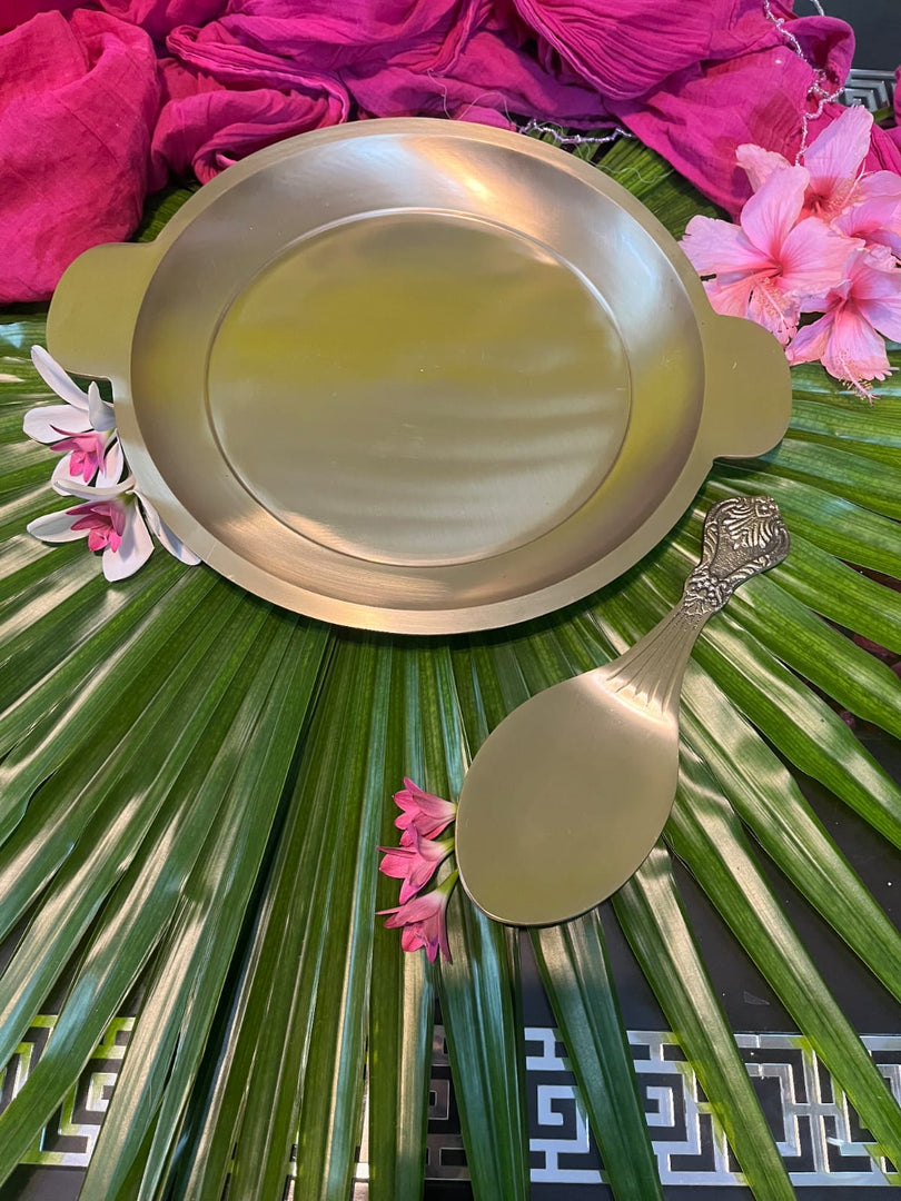 Bronze/Kansa rice plate with rice serving spoon - Brass Globe -
