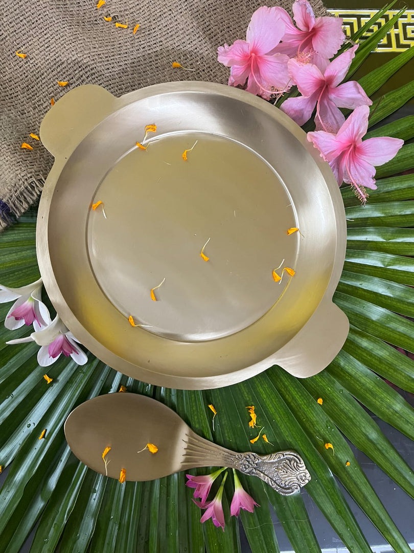 Bronze/Kansa rice plate with rice serving spoon - Brass Globe -